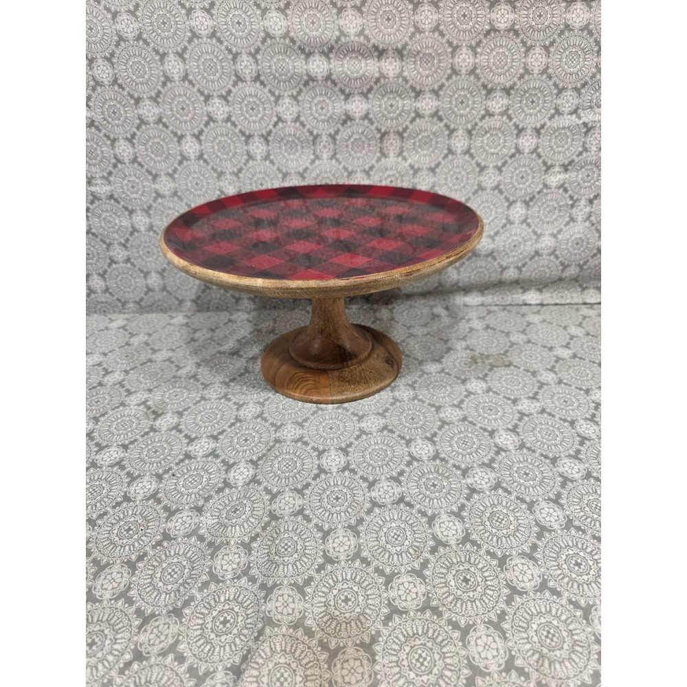 Wood Cake Stand Red Black‎ Buffalo Plaid Display Pedestal Rustic Farmhouse Decor